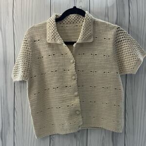 Vintage Delicate Knit Shirt Sleeve Cardigan Ivory Top Sweater Medium